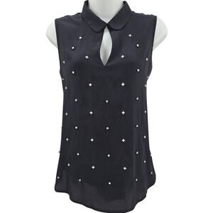 Ann Taylor Women Vtg Y2K Twee Indie Edgy Sheer Rhinestone Peter Pan Collar Top M